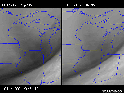 A two image comparison between GOES-8 and GOES-12 water vapor channels highlighting the improved 4 km resolution and enhanced jet streak analysis with GOES-12