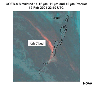 This image depicts a simulated GOES-8 volcanic ash product using 10.7 and 12 micron channel combinations from MODIS.