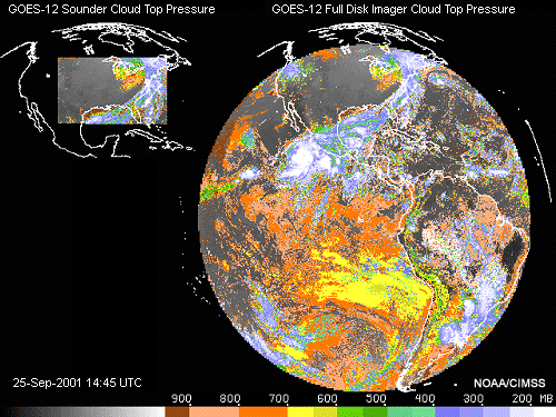 This image shows GOES-12 Cloud Top Pressure, limited sounder coverage versus full disk imager coverage.