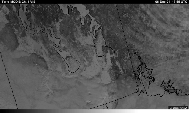 Vis image over Manitoba and the northern U.S. with annotations showing stratus and cirrus clouds