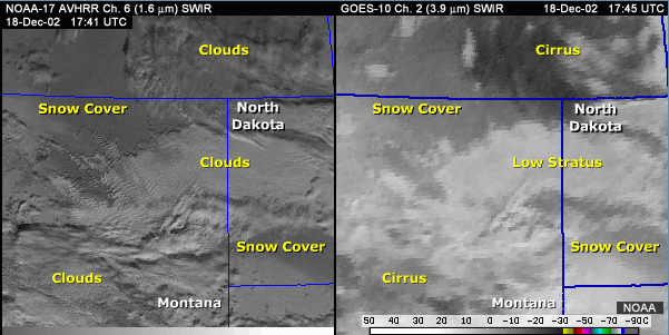 swir 1.6- and 3.9-micrometer channel over Montana and North and South Dakota with annotations showing clouds and snow cover
