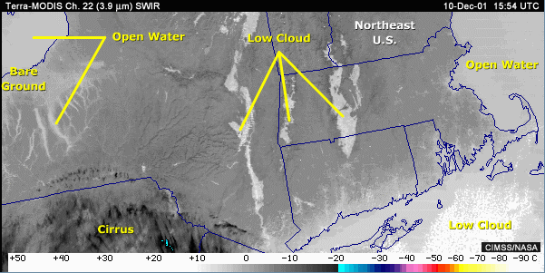 swir 3.9 -micrometer image with annotations showing open water, low cloud, and bare ground
