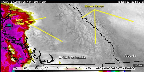 IRWIN 11-micrometer image with annotations showing low clouds and snow