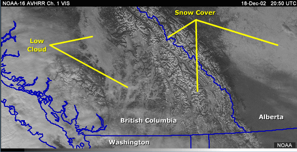Vis image over British Columbia with annotations showing low clouds and snow cover
