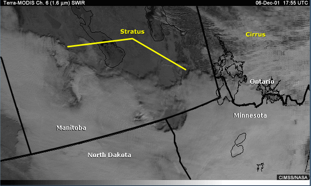 SWIR 1.6-micrometer image over Manitoba and the northern U.S. with annotations showing stratus and cirrus clouds
