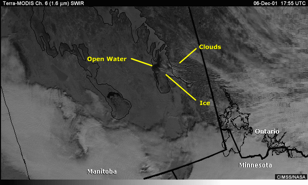 SWIR 1.6-micrometer image over Manitoba and the northern U.S. with annotations showing clouds, open water, and ice covered lakes