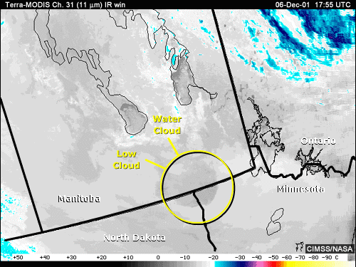 IRWIN 11-micrometer image over Manitoba and the northern U.S. with annotations showing low water clouds