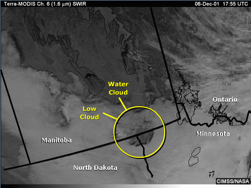 SWIR 1.6-micrometer image over Manitoba and the northern U.S. with annotations showing low water clouds