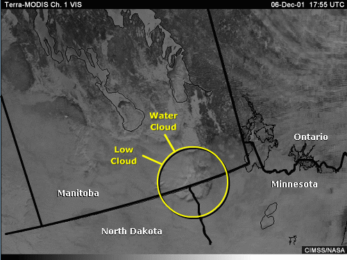 Vis image over Manitoba and the northern U.S. with annotations showing low water clouds