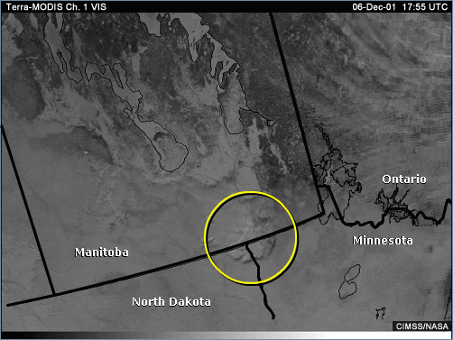 Vis image over Manitoba and the northern U.S. with question area indicated