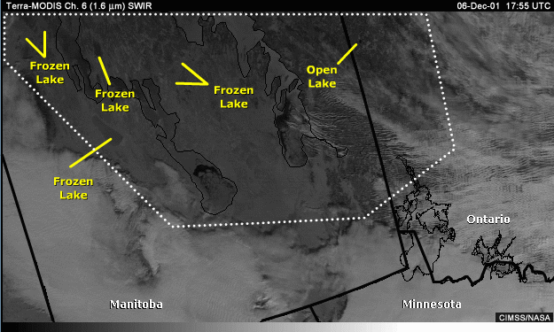 SWIR 1.6-micrometer image over Manitoba and the northern U.S. with annotations showing unmarked lakes