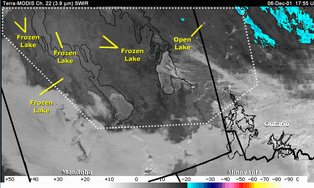 SWIR 3.9-micrometer image over Manitoba and the northern U.S. with annotations showing unmarked lakes