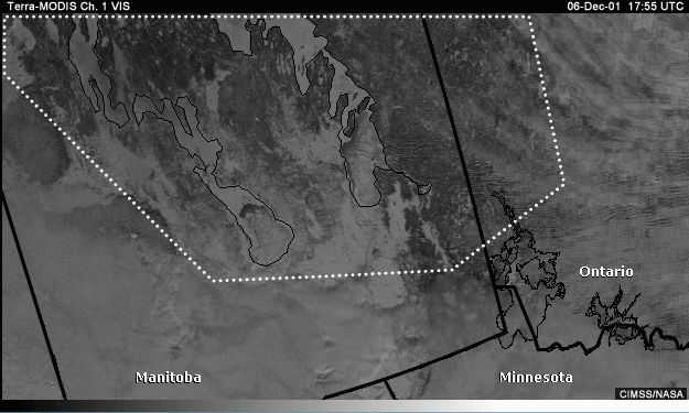 Vis image over Manitoba and the northern U.S. with annotations showing question area