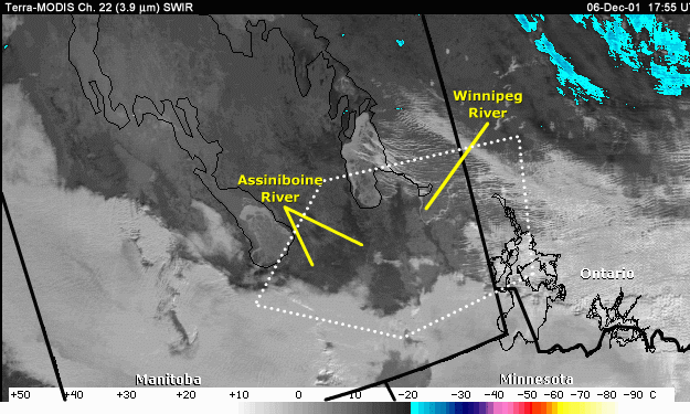 SWIR 3.9-micrometer image over Manitoba and the northern U.S. with annotations showing unfrozen rivers
