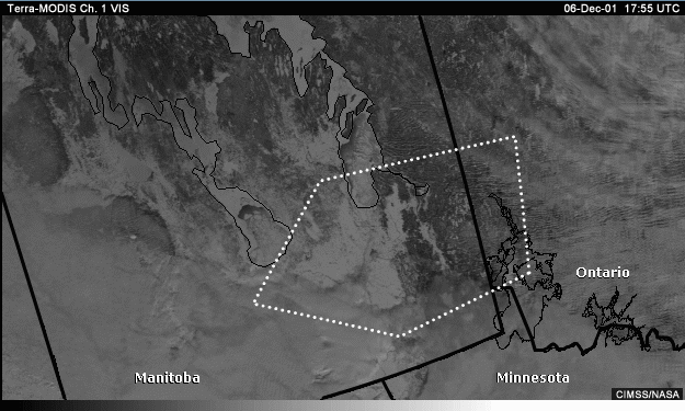 Vis image over Manitoba and the northern U.S. with annotations showing the question area