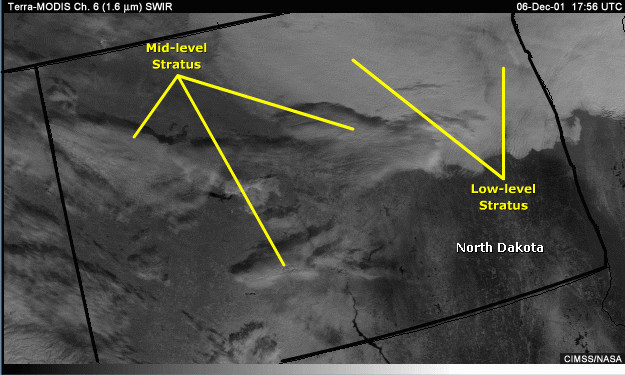 SWIR 1.6-micrometer image with annotations of low- and mid-level stratus clouds