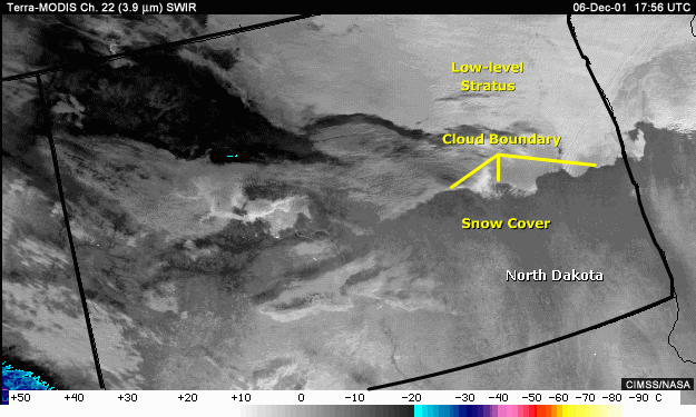 SWIR 3.9-micrometer image with annotations of low- and mid-level stratus clouds