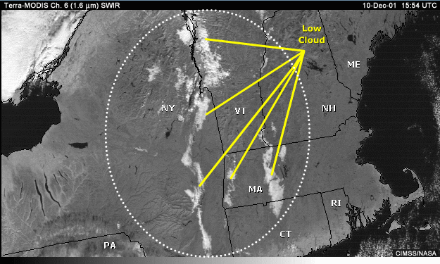 SWIR 1.6-micrometer image of New England with annotation indicating low clouds