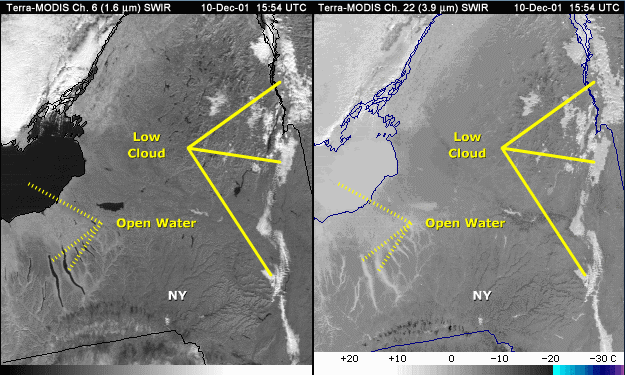 SWIR 1.6- and 3.9-micrometer side by side image of New England with annotation indicating forested area in northeast New York