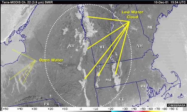 SWIR 3.9-micrometer image of New England with annotation indicating low water clouds and open water