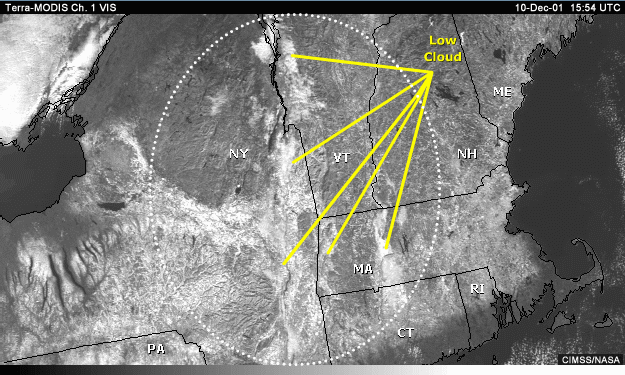 Vis image of New England with annotation indicating low clouds