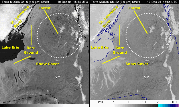 SWIR 1.6- and 3.9-micrometer side by side image of New England with annotation indicating bare ground, forest, and snow cover