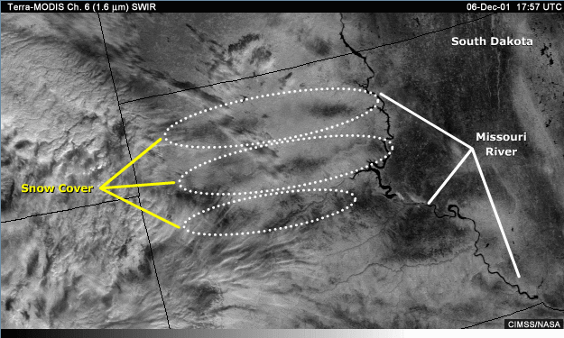 Vis image over South Dakota with snow cover areas indicated.