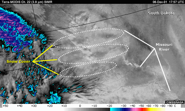 SWIR 3.9-micrometer image over South Dakota with snow cover areas indicated.