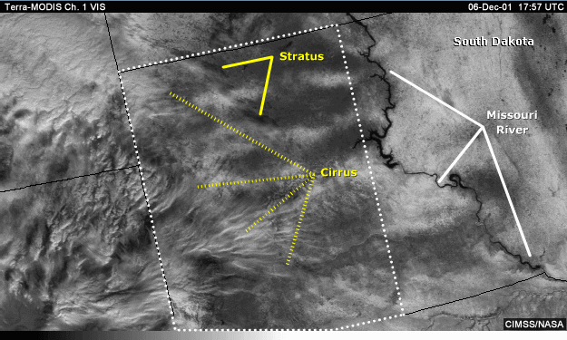 Vis image over South Dakota with anaswer areas indicated.