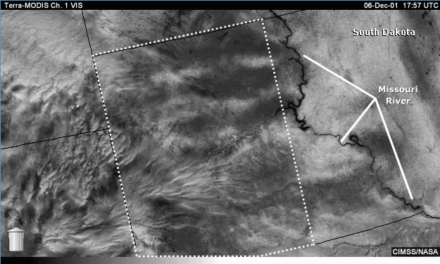 Vis image over South Dakota with question areas indicated.