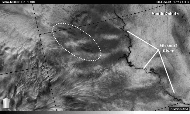 Vis image over South Dakota with question areas indicated.