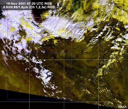 Terra MODIS composite (ch 1,2,3a) rgb image showing clouds and snow as different colors