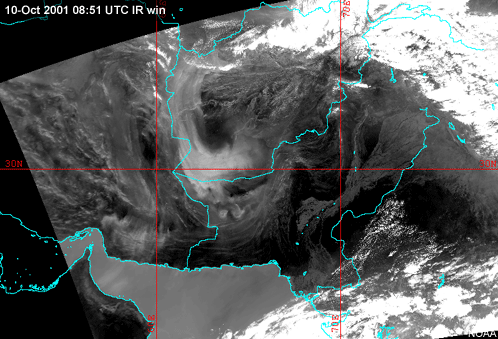 ir window image over central asia showing blowing dust