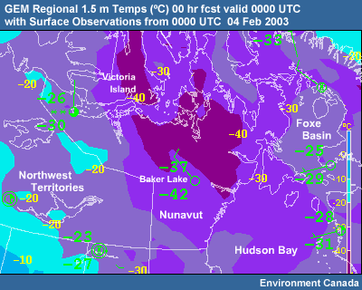 GEM Regional 1.5 m Temperatures (�C) 00 hr fcst with Surface Observations valid 0000 UTC 04 Feb 2003