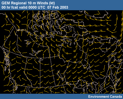 GEM Regional 10m Winds 00 hr fcst valid 1200 UTC�07 Feb 2003