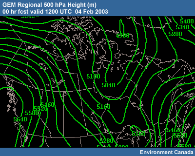 GEM Regional 500-hPa Height 00 hr fcst valid 1200 UTC�04 Feb 2003
