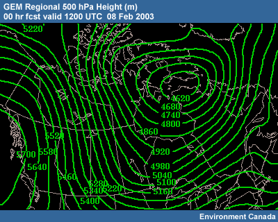 GEM Regional 500-hPa Height 00 hr fcst valid 1200 UTC�08 Feb 2003
