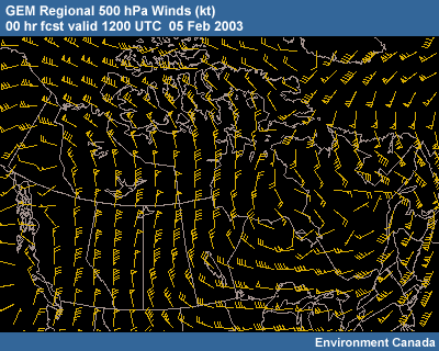 GEM Regional 500 hPa Winds 00 hr fcst valid 1200 UTC�05 Feb 2003