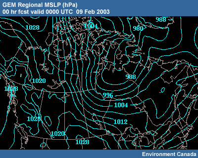 GEM Regional MSLP 00 hr fcst 0000 UTC�09 Feb 2003