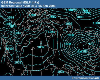 GEM Regional MSLP 00 hr fcst 1200 UTC�05 Feb 2003