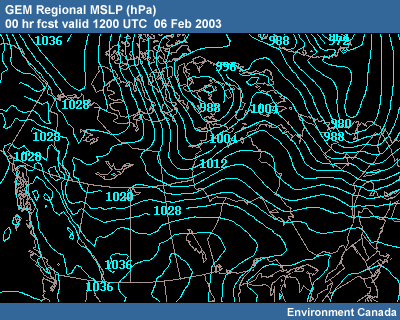 GEM Regional MSLP 00 hr fcst 1200 UTC�06 Feb 2003