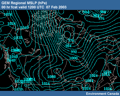 GEM Regional MSLP 00 hr fcst 1200 UTC�07 Feb 2003
