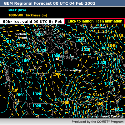 click to launch Flash animated data loop for GEM Regional MSLP, 1000-500 hPa Thickness 00-48 hr fcst 0000 UTC�04 Feb 2003